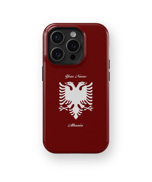 a red phone case with a white eagle on it