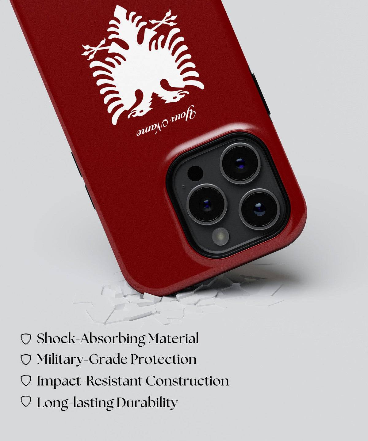 a red phone case with a white scorpion on it