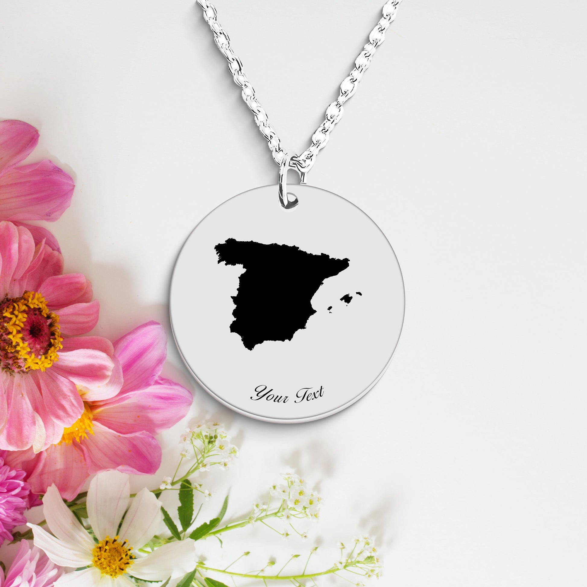 Spain Country Map Necklace, Your Name Necklace, Minimalist Necklace, Personalized Gift, Silver Necklace, Gift For Him Her
